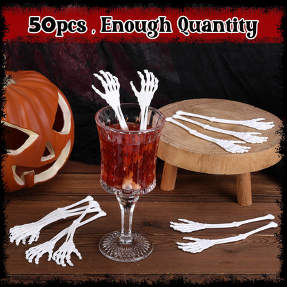 RunNico 50 Pcs 5.9''x1.5'' Halloween Skeleton Cocktail Stirrers, Reusable Skeleton Hand Swizzle Sticks, Halloween Plastic Drink Stirrer for Home Bar Horror Party Table Decorations Photo Props