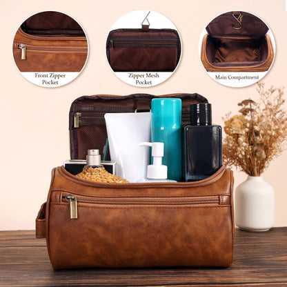 Seozata Toiletry Bag for Men, Hanging Travel Shaving Dopp Kit for Men and Women, Water-resistant Toiletries Organizer Bags, PU Leather Cosmetic Bags for Makeup Accessories (Light Brown)