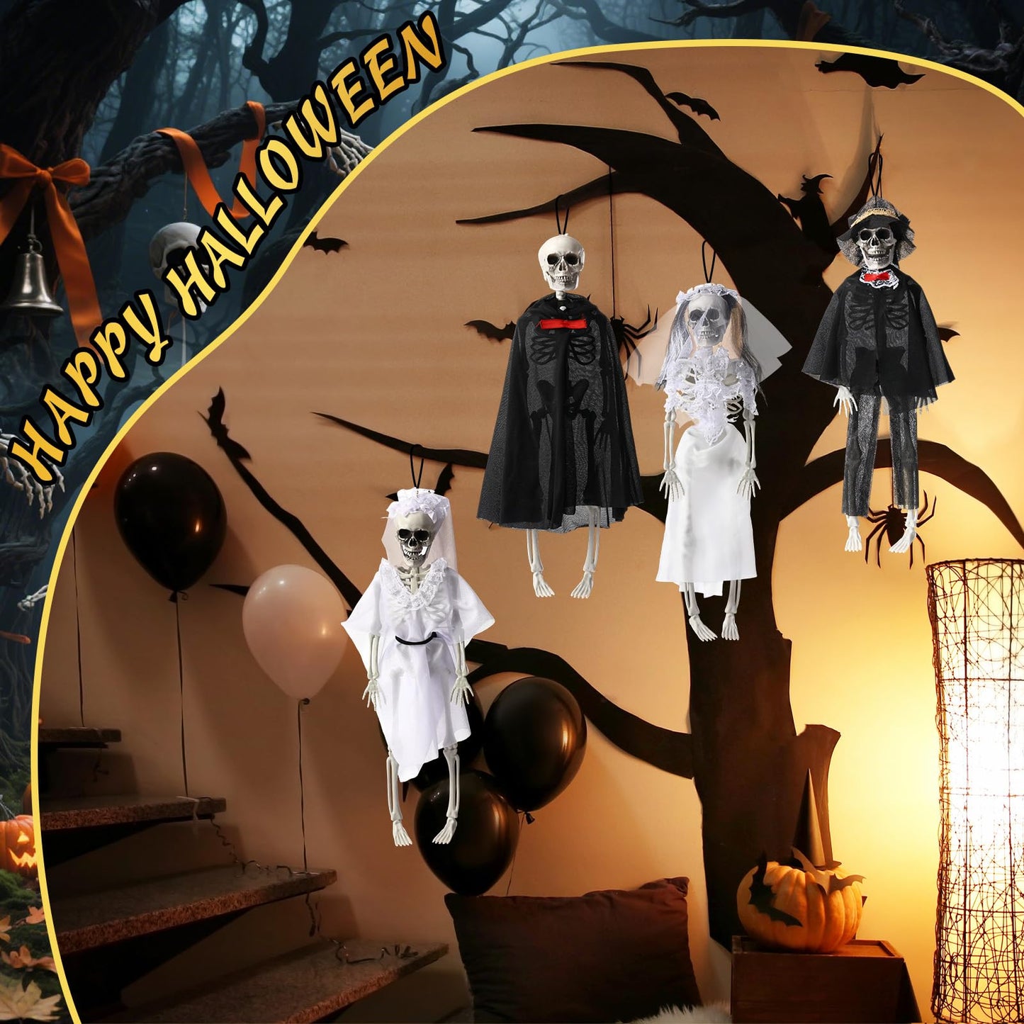 Poen 4 Pack 16" Halloween Hanging Skeleton Decorations Small Full Body Posable Skeletons with Movable Joints Plastic Mini Spooky Decor for Halloween Party Haunted House Lawn Graveyard Props(Wedding)