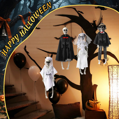 Poen 4 Pack 16" Halloween Hanging Skeleton Decorations Small Full Body Posable Skeletons with Movable Joints Plastic Mini Spooky Decor for Halloween Party Haunted House Lawn Graveyard Props(Wedding)