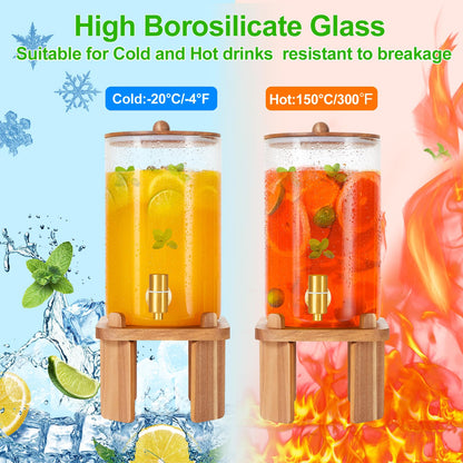1 Gallon Glass Drink Dispensers: Beverage Dispenser For Parties With Wood Stand, Large Water Drink Dispensers With Stainless Steel Spigot, Ideal for Lemonade,Juice, Tea, and Party Drinks