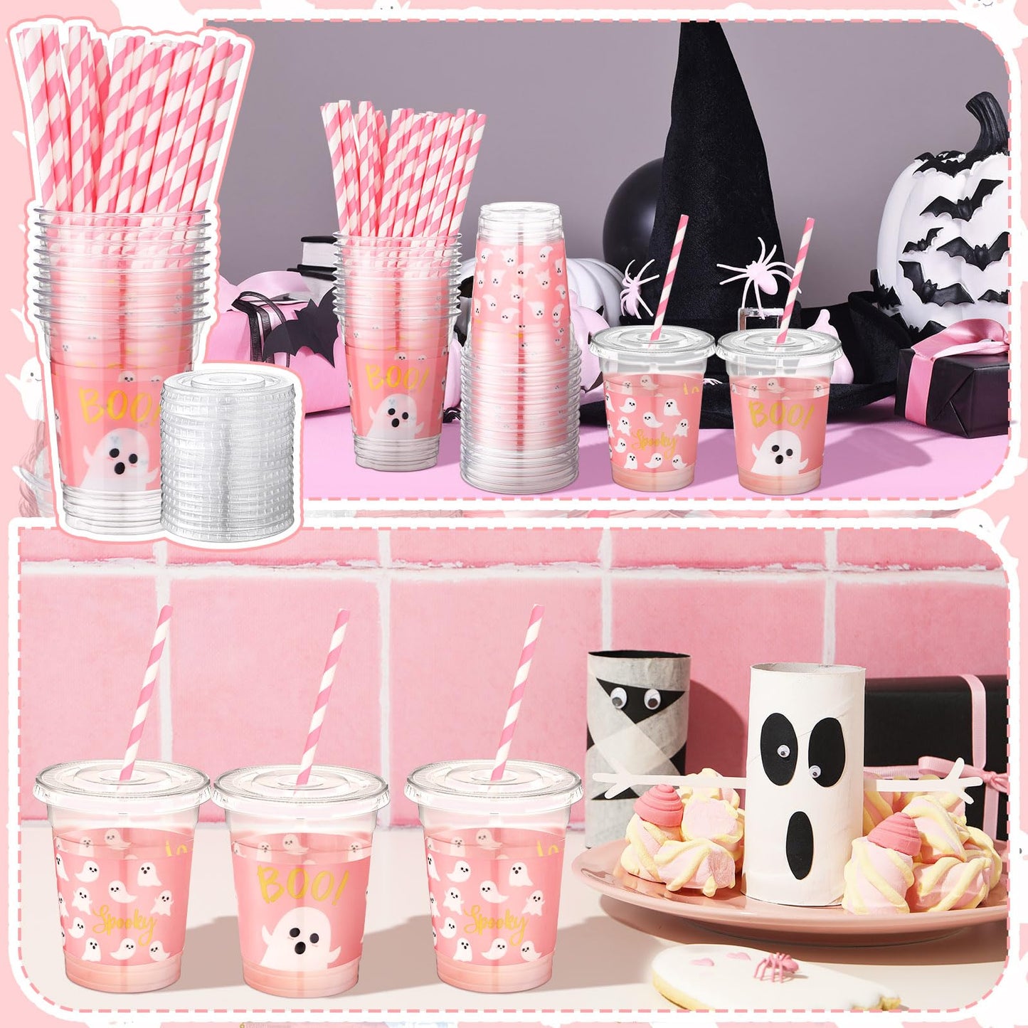Jingmore 50 Pcs Halloween Ghost Party Disposable Plastic Cups 12 oz with Lids Straws Themed Party Supplies Plastic Tumbler for Birthday Table Decorations Favors(Pink)