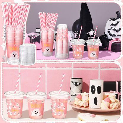 Jingmore 50 Pcs Halloween Ghost Party Disposable Plastic Cups 12 oz with Lids Straws Themed Party Supplies Plastic Tumbler for Birthday Table Decorations Favors(Pink)