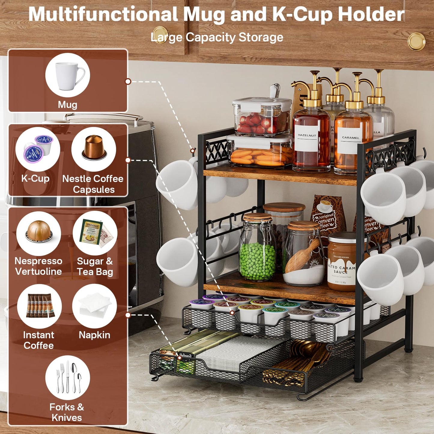Plaviya Coffee Bar Station Organizer, 4 Tier K Cup Organizer Mug Holder with 12 Hooks, Coffee Pod Holder, Multifunctional Countertop Organizer for Kitchen