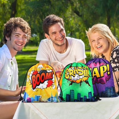 Kajaia Hero Party Favors Bags Comic Heroes Drawstring Backpacks Goodie Candy Gift Bags for Back to School Birthday Party Supplies(18 Pcs)