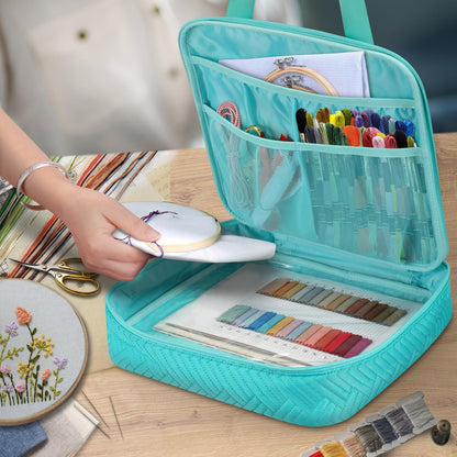 FINPAC Embroidery Bag, Cross Stitch Storage, Square Quilted Tote Organizer with Multiple Pockets for Floss, Hoops, Thread, Stitch Tools Kit [Bag Only], Teal