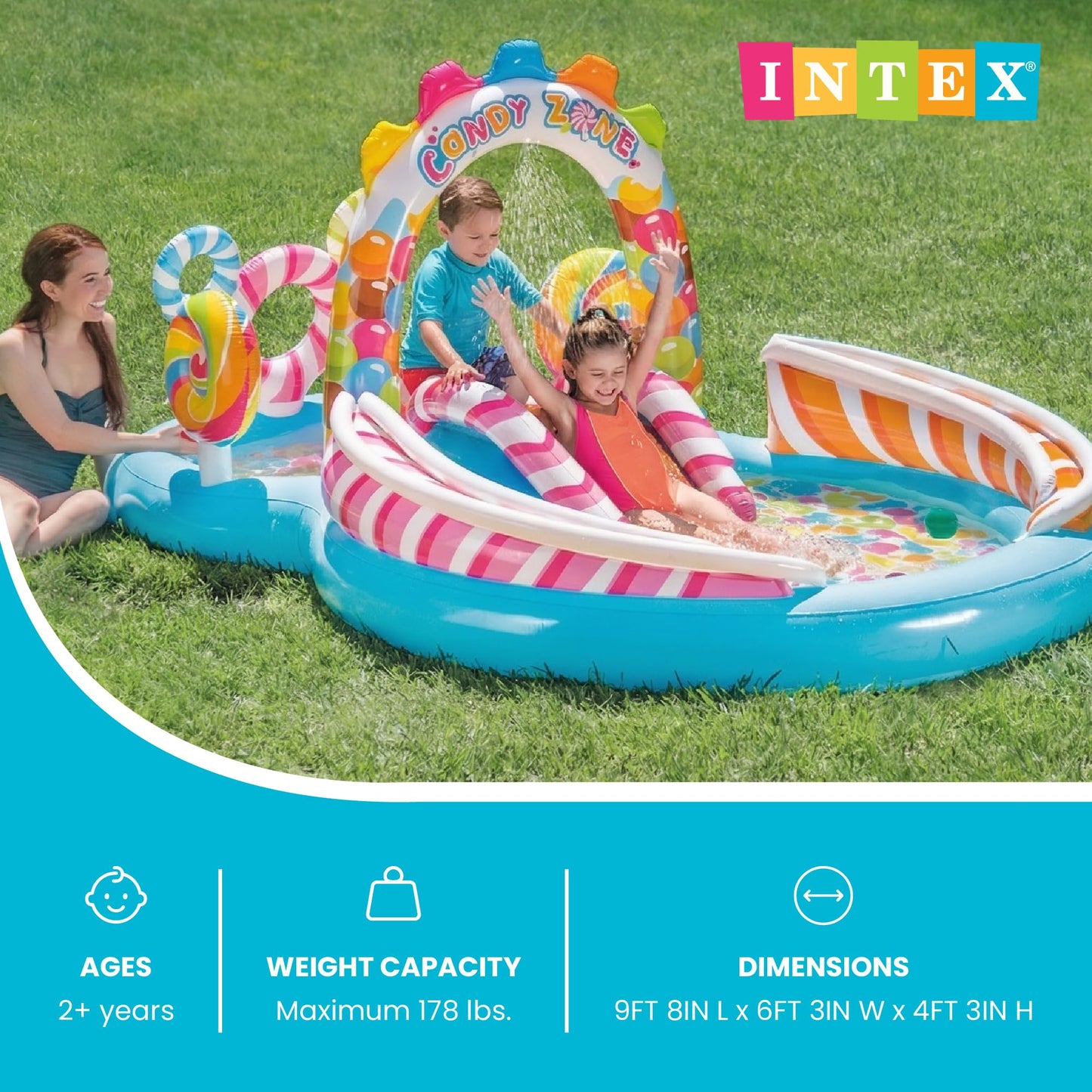 INTEX Candy Zone Inflatable Kiddie Pool: Inflatable Kids Pool with Water Sprayer and Slide – Splash Pad – 116" x 75" x 51" – Ages 3+