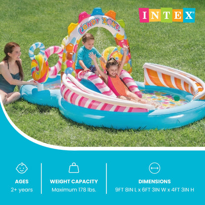 INTEX Candy Zone Inflatable Kiddie Pool: Inflatable Kids Pool with Water Sprayer and Slide – Splash Pad – 116" x 75" x 51" – Ages 3+