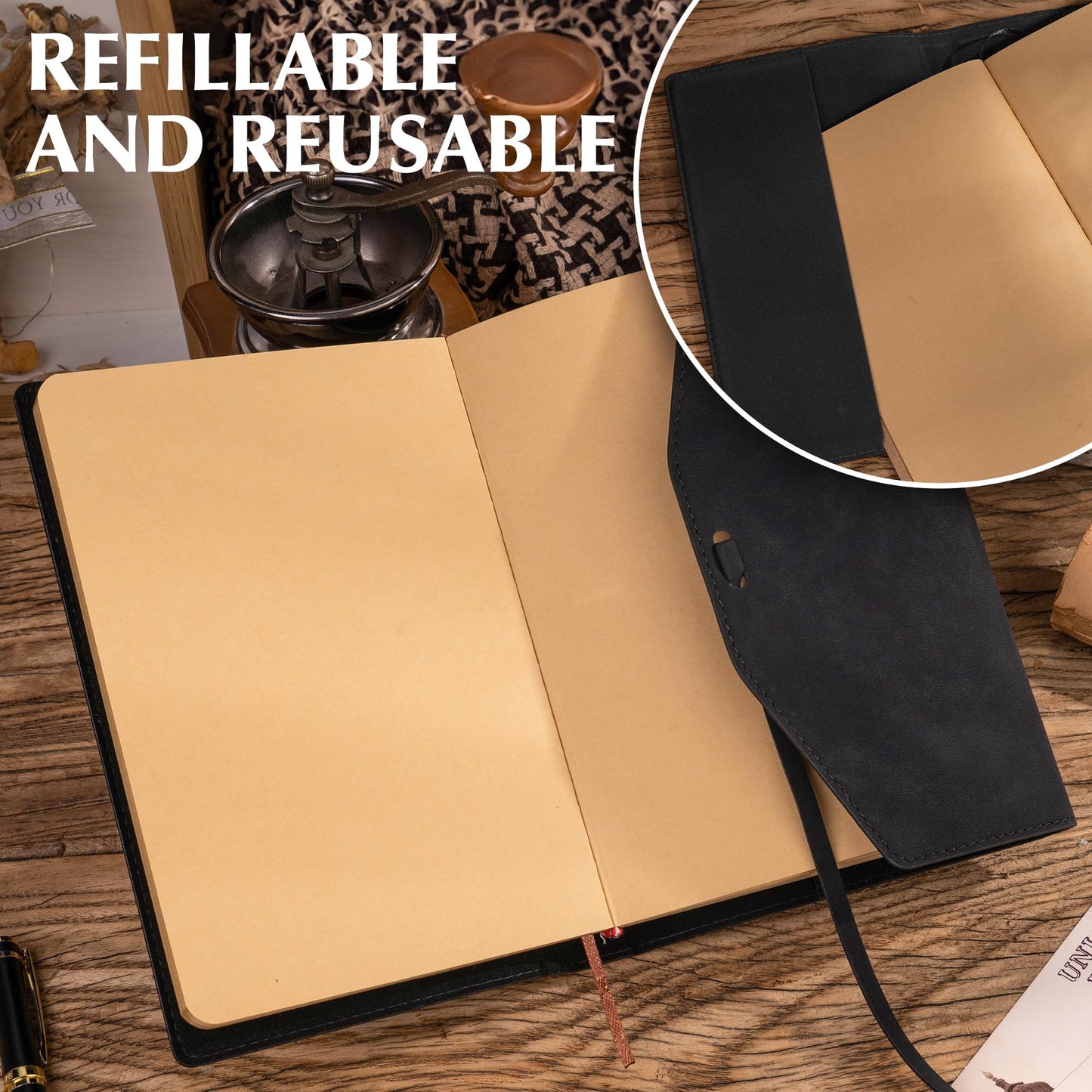 MINICAGIE Vintage Journal for Women Men Leather Bound Junk Journal Notebook 160 Pages Scrapbook Book of Shadows Journals for Writing Diary Travel Journaling Sketching, 5.9x 8.6 in, Soft Cover, Black