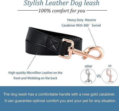 Dog Collar and Leash Set.Soft and Easy to Clean Vegan Leather with Rose Gold Metal Buckle for Small Medium Large Dogs (Black, L(15.4”-24.8“)