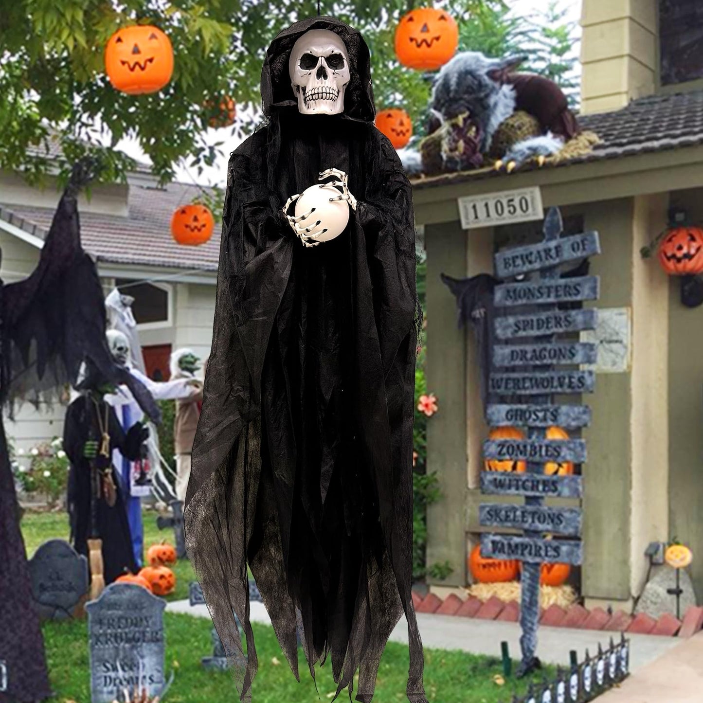 [Sound Activated] 65" Hanging Skeleton Halloween Decorations Outdoor, Halloween Animatronic Grim Reaper Skull Ghost Flash Red Head Holds LED Crystal Ball Creepy Sound for Porch Haunted House Decor