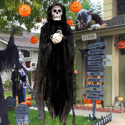 [Sound Activated] 65" Hanging Skeleton Halloween Decorations Outdoor, Halloween Animatronic Grim Reaper Skull Ghost Flash Red Head Holds LED Crystal Ball Creepy Sound for Porch Haunted House Decor