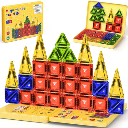 Mini Magnetic Tiles Travel Set - 40PCS Diamond Texture Magnetic Building Blocks for Kids, 10% Thicker & Portable Yellow Metal Storage Box, Montessori STEM Educational Toys Gift for Ages 3+