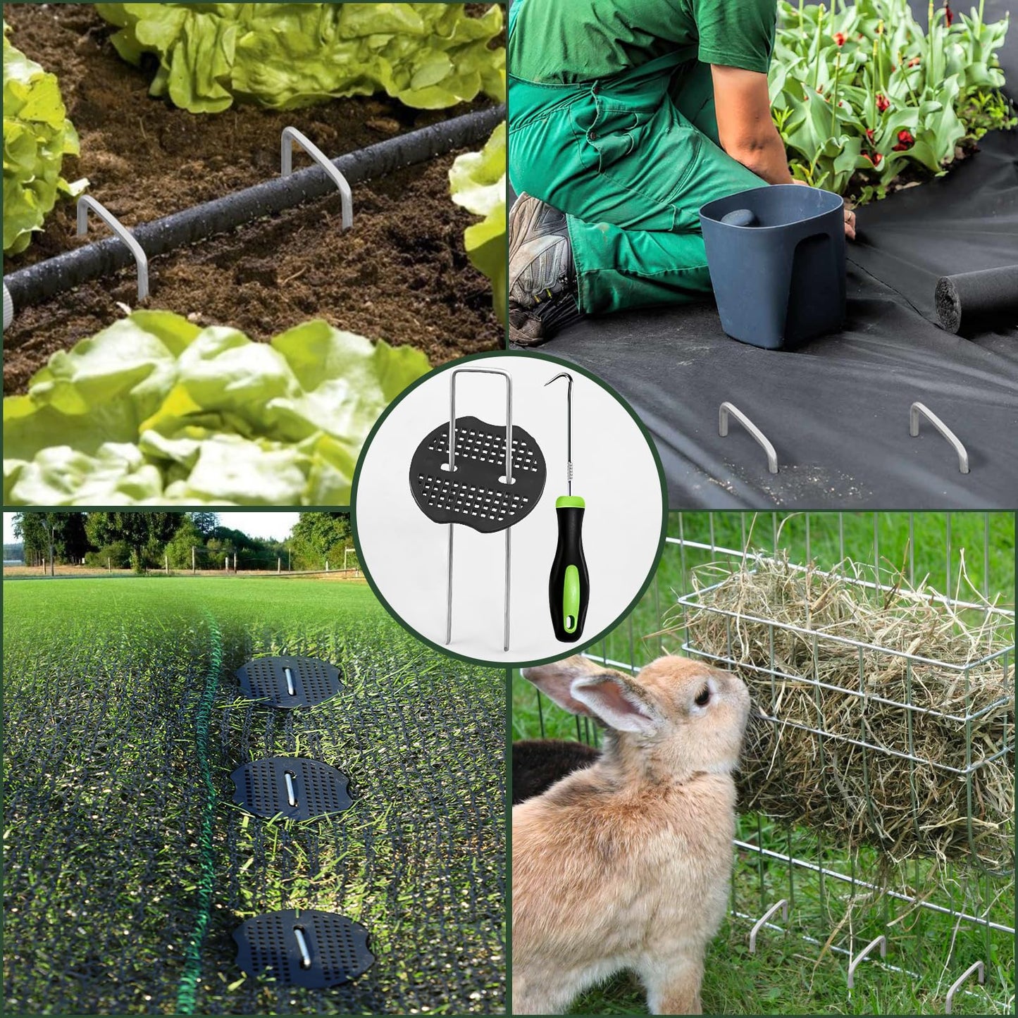 FEED GARDEN Landscape Staples 6 Inch 100 Pack Kit, Heavy Duty 11 Gauge Hot-Dip Galvanized Garden Stakes with 100 Gaskets & 1 Pick Hook for Weed Barrier, Landscape Fabric, Sod, Turf & Garden Edging
