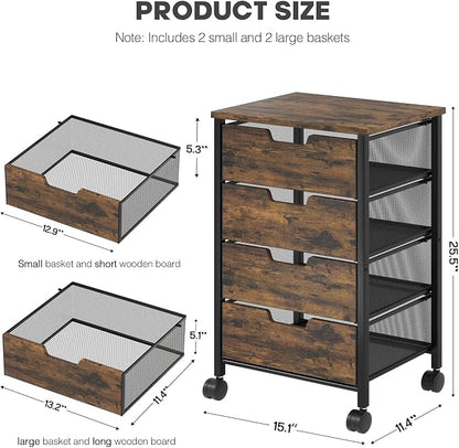 Rolling Cart with Drawers, Wooden Top and Front, with Wheels Metal Under Desk Storage Cart with 4 Drawers, for Office, Bedroom, Classroom, Home, Rustic Brown