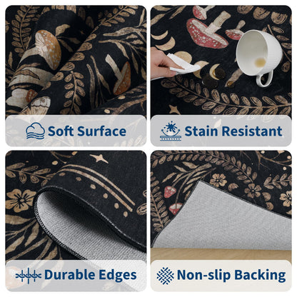 Garvee Mushroom 9x12 Area Rugs for Living Room, Dark Academia Gothic Rug, Non Slip Animal Print Washable Rugs 9x12 Low Pile Bedroom Decor Bug Carpet with Rubber for Dining Room Playroom Office, Black