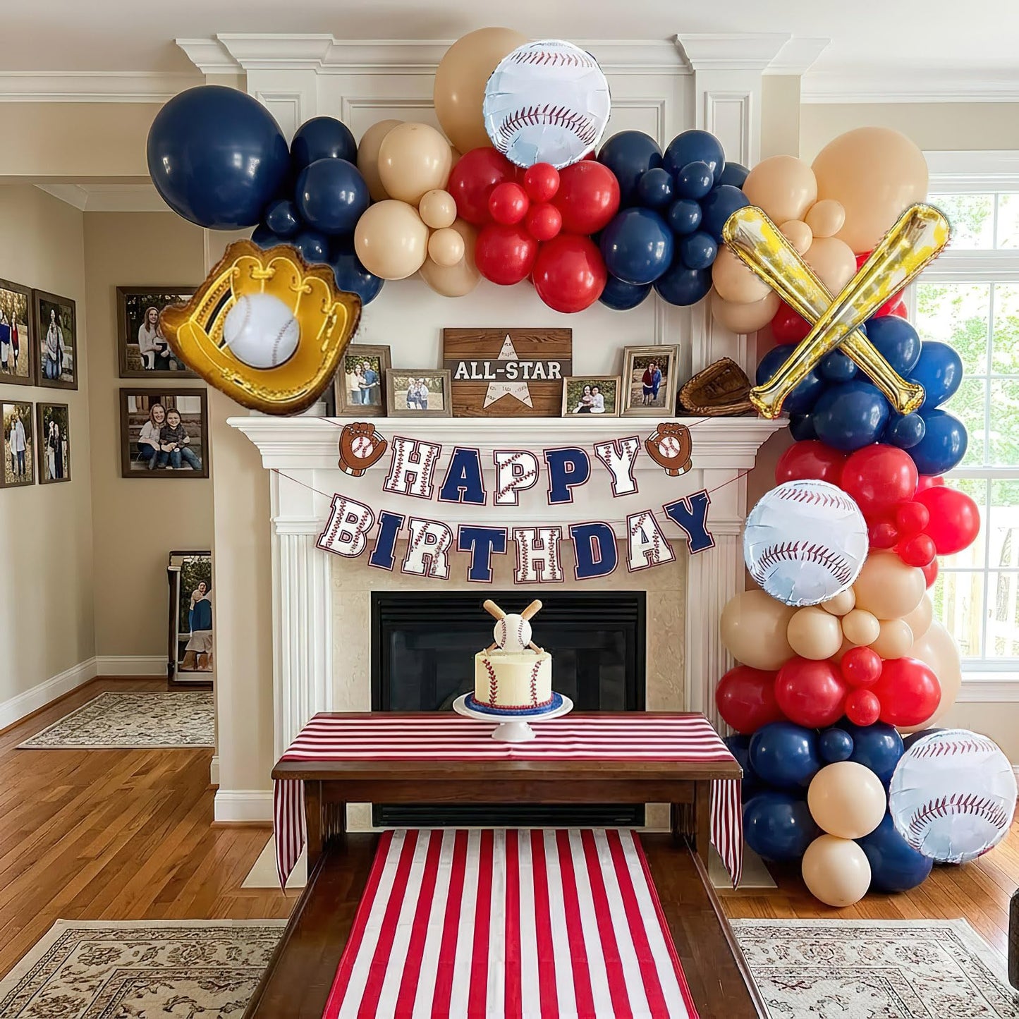 Baseball Birthday Party Decorations Navy Blue Red Nude Balloon Arch With Baseball Bat & Glove Balloons and Happy Birthday Banner For Sports Rookie year 1st birthday Baby Shower Supplies Decoration