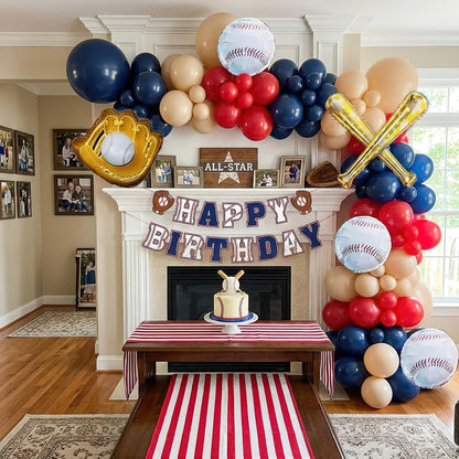 Baseball Birthday Party Decorations Navy Blue Red Nude Balloon Arch With Baseball Bat & Glove Balloons and Happy Birthday Banner For Sports Rookie year 1st birthday Baby Shower Supplies Decoration