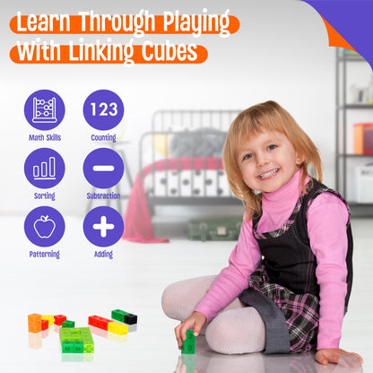 100 Math Linking Cubes, Math Cubes with 384 Reusable Stickers-Letters, Numbers, Shapes, Manipulative Geometric Connecting and Counting Blocks, Educational Toy for Kids Math Learning and Fun Activities