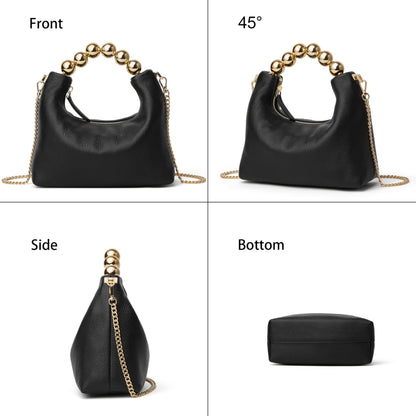 DORIS&JACKY Small Top Handle Clutch Purse for Women, Designer Leather Evening Crossbody Bag with Metal Ball Tote Handle And Leather Chain Strap (Black)