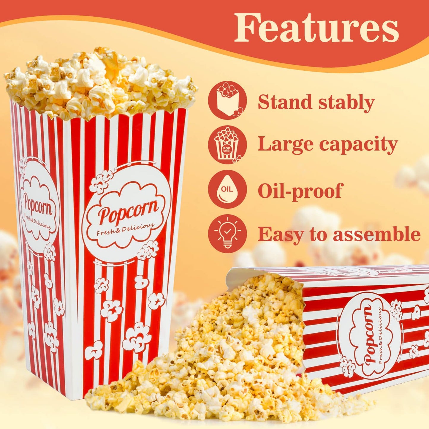 MAQIHAN 50 Popcorn Boxes Easy Assembly - 46oz Square Popcorn Bowls Square Buckets Containers Tub Paper Cups Holders Disposable Halloween Carnival Christmas Movie Night Party Individual Servings