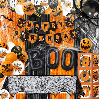 105Pcs Halloween Birthday Party Decorations with Happy Banner Balloons Bat Wall Stickers for Halloween 1st Birthday Party Decor