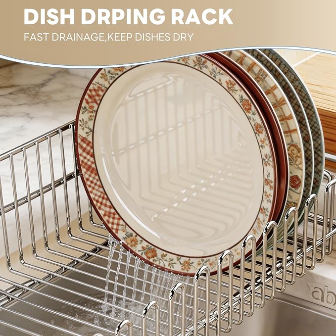 Dish Drying Rack in Sink, Extendable 304 Stainless Steel Dish Drainer for Kitchen Counter, Over The Sink with Utensil Holder, Corrosion Resistant Space Saving Drainage Basket