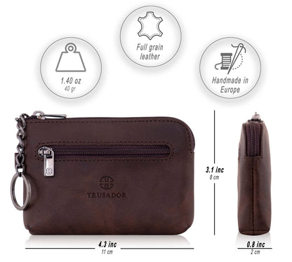 Trusador Milano Unisex Leather Front Pocket Wallet Coin Purse Zipper Pouch with Keychain (Brown)