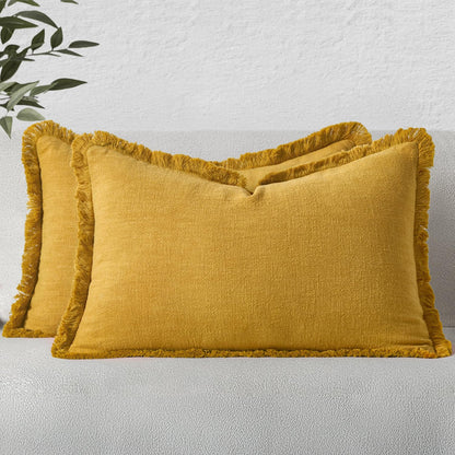 MIULEE Christmas Decorative Throw Pillow Covers Neutral Linen Fringe Fall Throw Pillows Set of 2 Natural Beige Boho Farmhouse Cushion Covers with Tassels for Couch Sofa Bed Home Decor 20x20 Inch