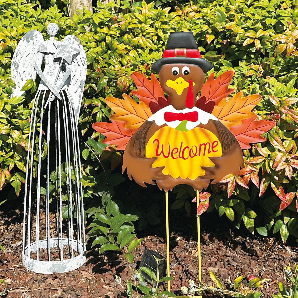 Autumn Metal Garden Stakes, Fall Harvest Thanksgiving Metal Pumpkin Welcome Sign with Turkey Stakes Yard Decorations 28.5''H, Garden Patio Lawn Yard Decor Fall Harvest Thanksgiving Outdoor Decorations