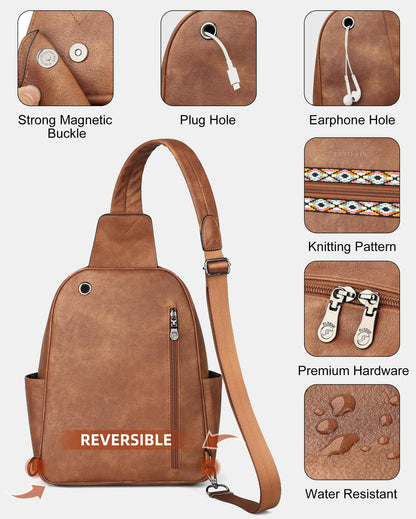 FADEON Large Sling Bag for Women, Leather Crossbody Purse Designer Anti Theft Sling Backpack, RFID Fanny Packs for Travel
