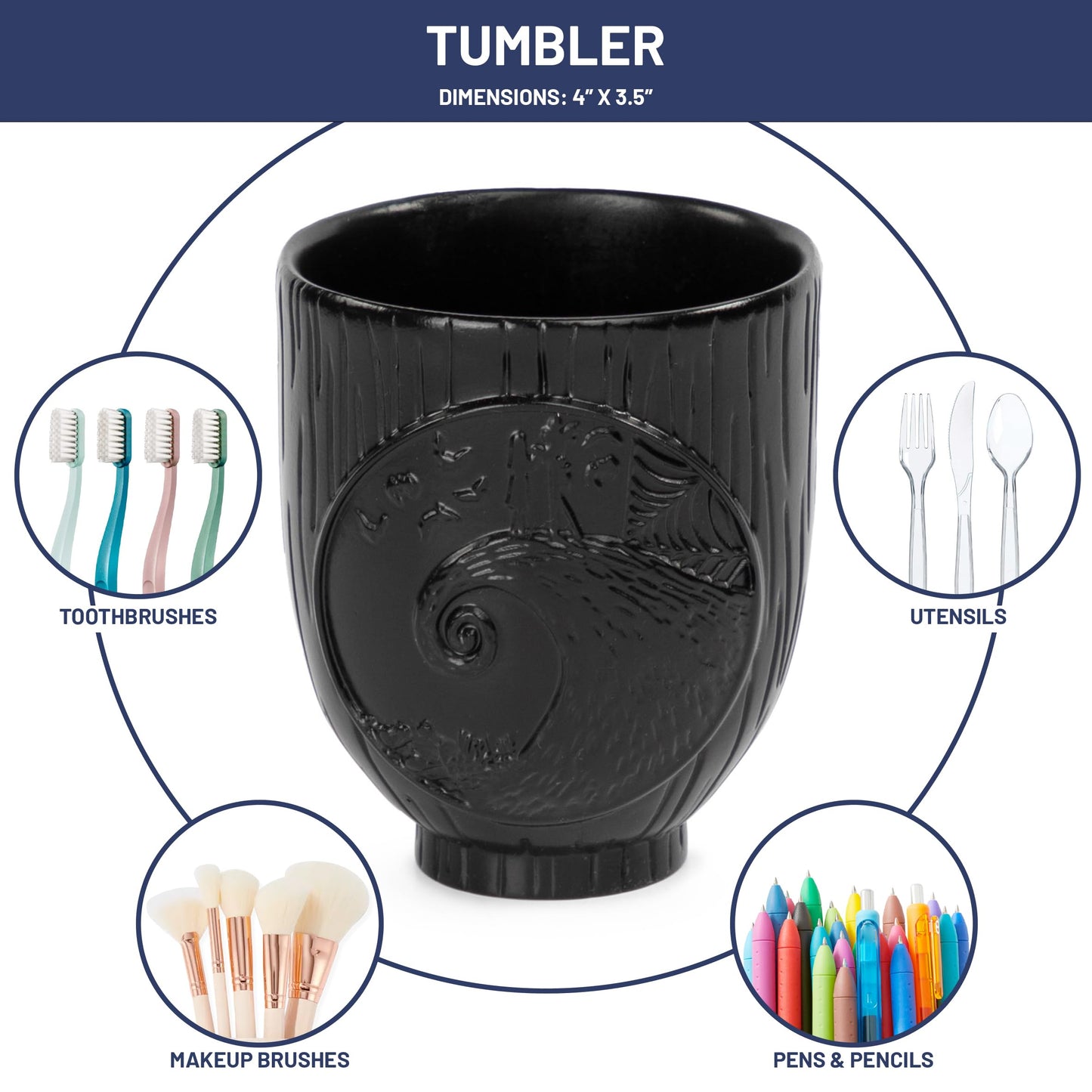 Jay Franco Disney Nightmare Before Christmas Organizer Set - 4 Piece Black and White Accessories Includes Resin Soap Dispenser, Sponge Holder, Toothbrush Holder and Tumbler - Bathroom Décor