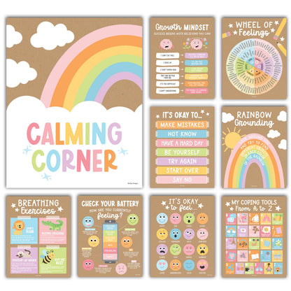 Hadley Designs 9 Calming Corner Posters for Classroom Must Haves - Calm Down Corner Supplies with Emotions Chart, School Counselor Mental Health Poster, Feelings Chart For Kids, Kraft Classroom Decor