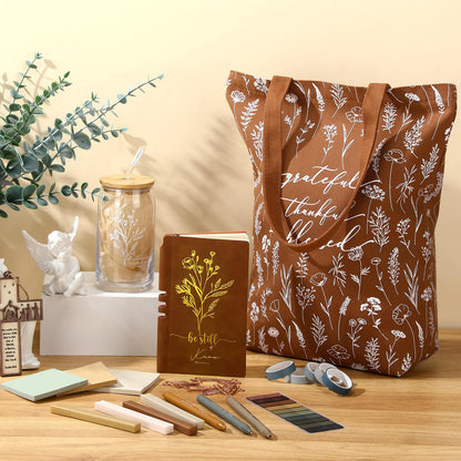 Singhoow 29 Pcs Bible Journaling Supplies Kit 16 oz Glass Cup Canvas Bag Leather Notebook Highlighters Pens Sticky Note Tapes Bible Study Supplies for Women Fathers Sunday School Teacher(Boho, Brown)