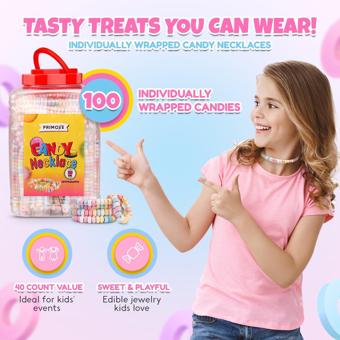 100 Pack Candy Necklaces Individually Wrapped - Bulk Candy - Edible Jewelry for Kids, Party Favors, 80s Nostalgic Treats, Pinata Fillers, Goodie Bags, Retro Events Halloween & Birthday