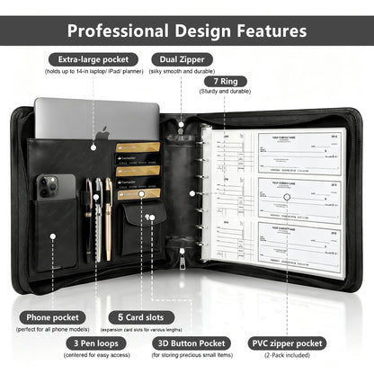 Toplive Zippered 7 Ring Business Checkbook Binder Extra-Large, 2Pack 7-Hole Pouch, 600 Checks Capacity, PU Leather Check Book Binder Cover with Multi-Pocket Design for Office & Business Use, Black