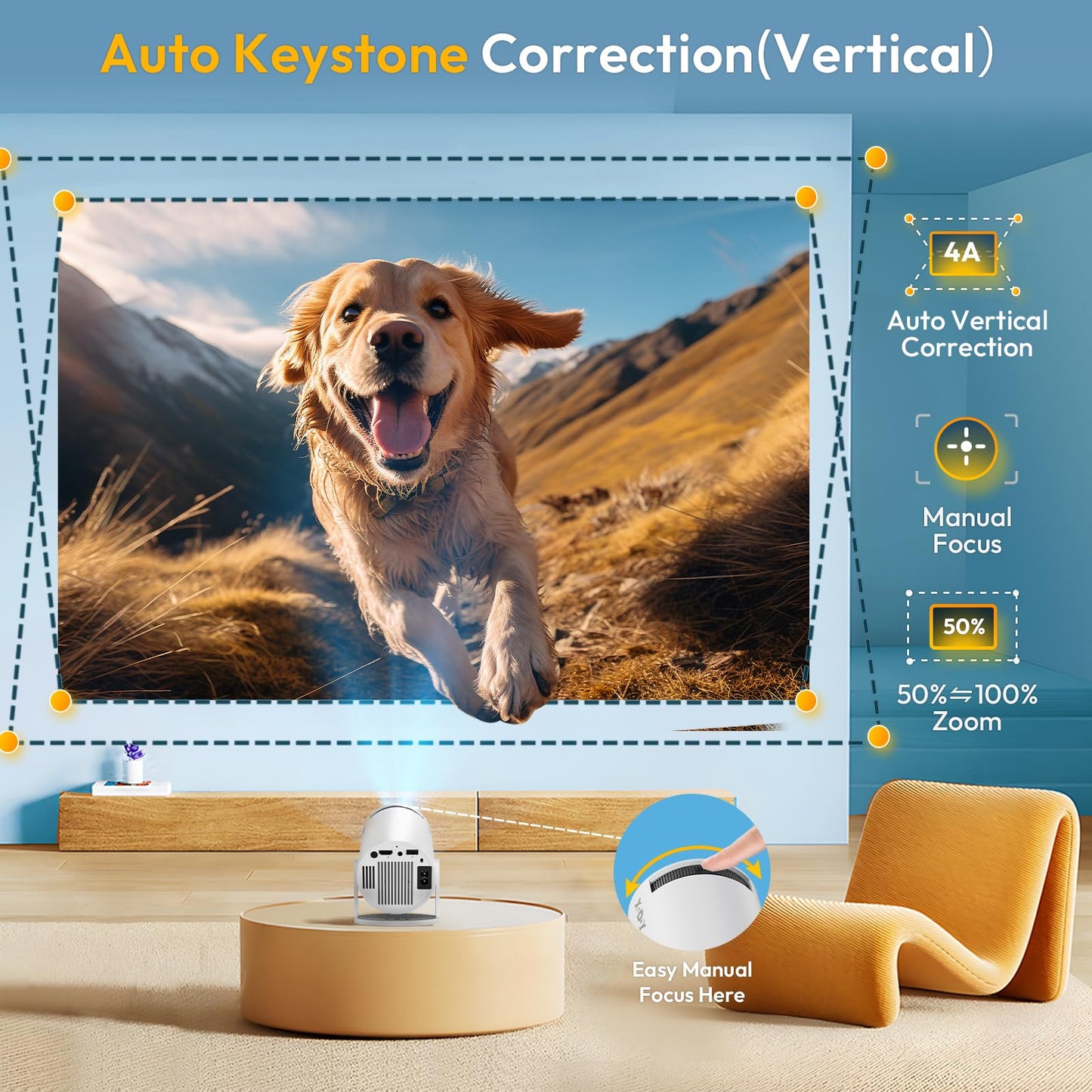 Smart Mini Projector WiFi6 Bluetooth 5.0 XGODY Gimbal 3 Protable Projector 12000L Support 4K with Android TV 11.0, Auto Keystone Correction Video Projector, 180°Rotatable Stand for Home Movie（White）