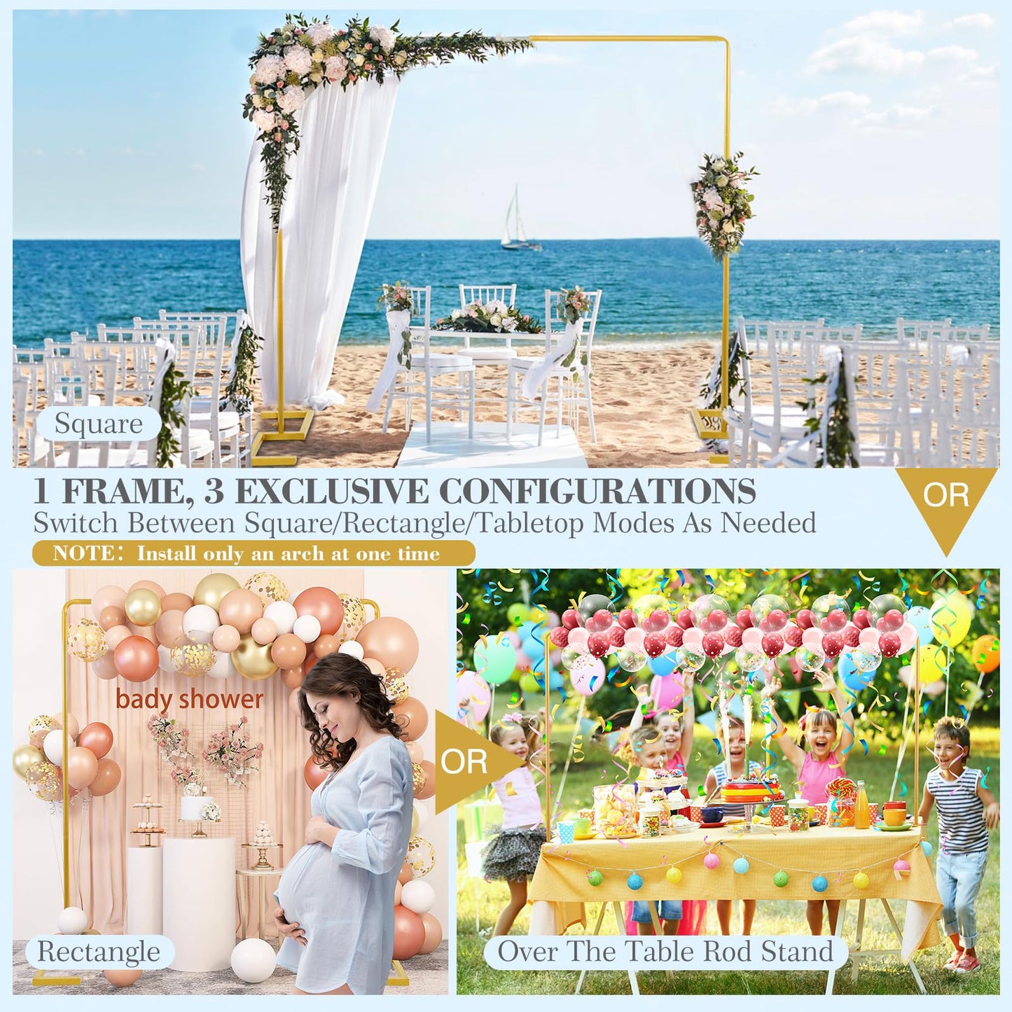 8.2FT Square Wedding Arch Backdrop Stand,Balloon Arch Stand, Metal Gold Backdrop Adjustable Stand Heavy Duty, Extra 2 Clamps Change Over The Table Rod Stand for Party Decoration,Garden Trellis Frame