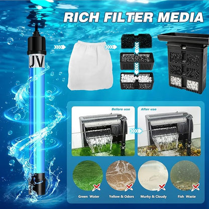Large Hang on Back Aquarium Filter 344GPH for 40-150 Gallon Fish Tank, U-V Light Big Canister w/ Filters High Flow 5-Stage Green Killing Deodorization Machine Keep Fresh& Saltwater Water Crystal Clear