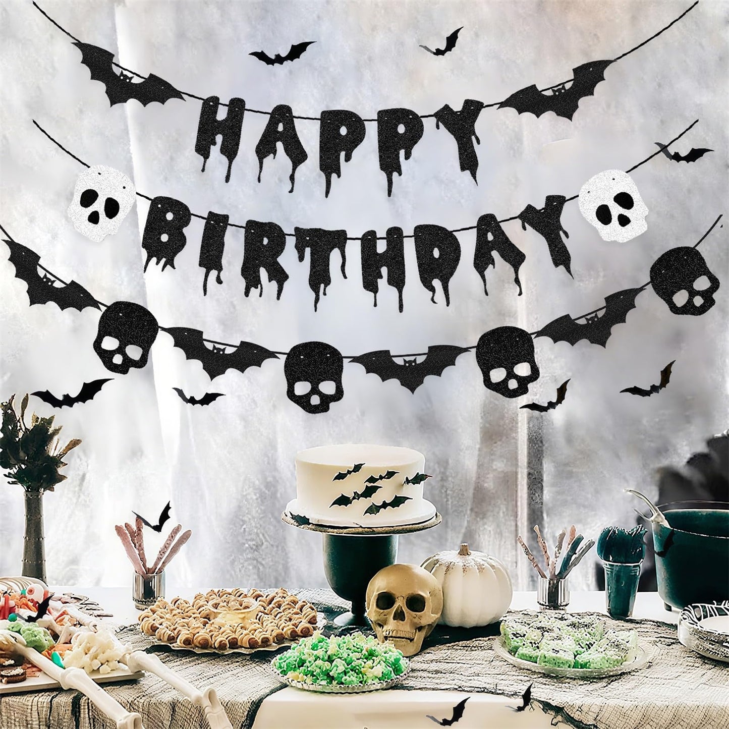 Black Glittery Happy Birthday Halloween Banner Bats Skull 3D Bat Sticker for Horror Birthday Party Decorations Scary Party Decor