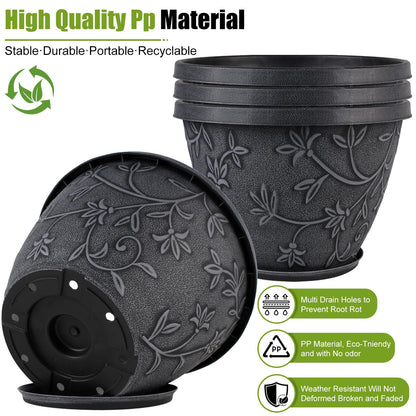Nooulap 4 Pack 10 Inch Flower Pots for Outdoor Indoor, Plastic Plant Pots with Drainage Hole & Saucer, Lightweight Small Resin Flower Pot, Outdoor Planters Imitation Magnolia for Garden House（Gray）