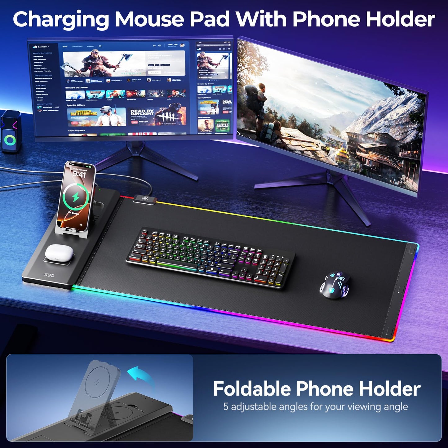 KDD RGB Mouse Pad with Wireless Charging - Desk Mat with Phone Holder and 15W Fast Charger - Gaming Mousepad with Ultra-Smooth Surface, Non-Slip Base - Keyboard Mat for Home Office Gamer Accessories