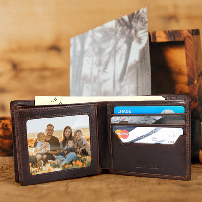 LYOOMALL Wallet for Men, Large Capacity Genuine Leather RFID Blocking Bifold Wallet/Credit Card Holder for Men, with Coin Pocket, Zipper Cash Pocket, ID Window and 10 Card Slots (Coffee)