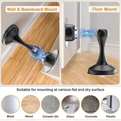 Crosize Magnetic Door Stoppers 4 Pack, Stainless Steel Door Stops for Wall and Floor Mounting, Door Holder Keep Door Open, No Drilling Door Stop with 3D Adhesive Tapes, Black