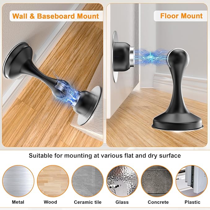 Crosize Magnetic Door Stoppers 2 Pack, Stainless Steel Door Stops, Wall-Mounted and Floor Mounting Metal Doorstops, Door Holder Keep Door Open, No Drilling Door Stop with Adhesive Tapes, Black