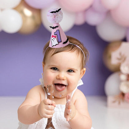 Agkvw Halloween Pink Ghost 1st Birthday Hat with Bats - Spooky One Birthday Crown, Cute Halloween 1st Bday Decoration for Girls, My FirstHalloween Bday Decor