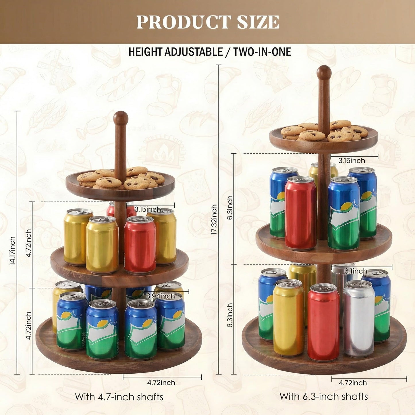 BURMAN Cupcake Stand Dessert Table Display Set – 2 in 1 Adjustable Height Rustic Natural Acacia Cupcake Holder Round Wood Tray – Three Tiered Serving Stand with Rotating Wheels, Anti Slip Stickers