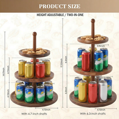 BURMAN Cupcake Stand Dessert Table Display Set – 2 in 1 Adjustable Height Rustic Natural Acacia Cupcake Holder Round Wood Tray – Three Tiered Serving Stand with Rotating Wheels, Anti Slip Stickers