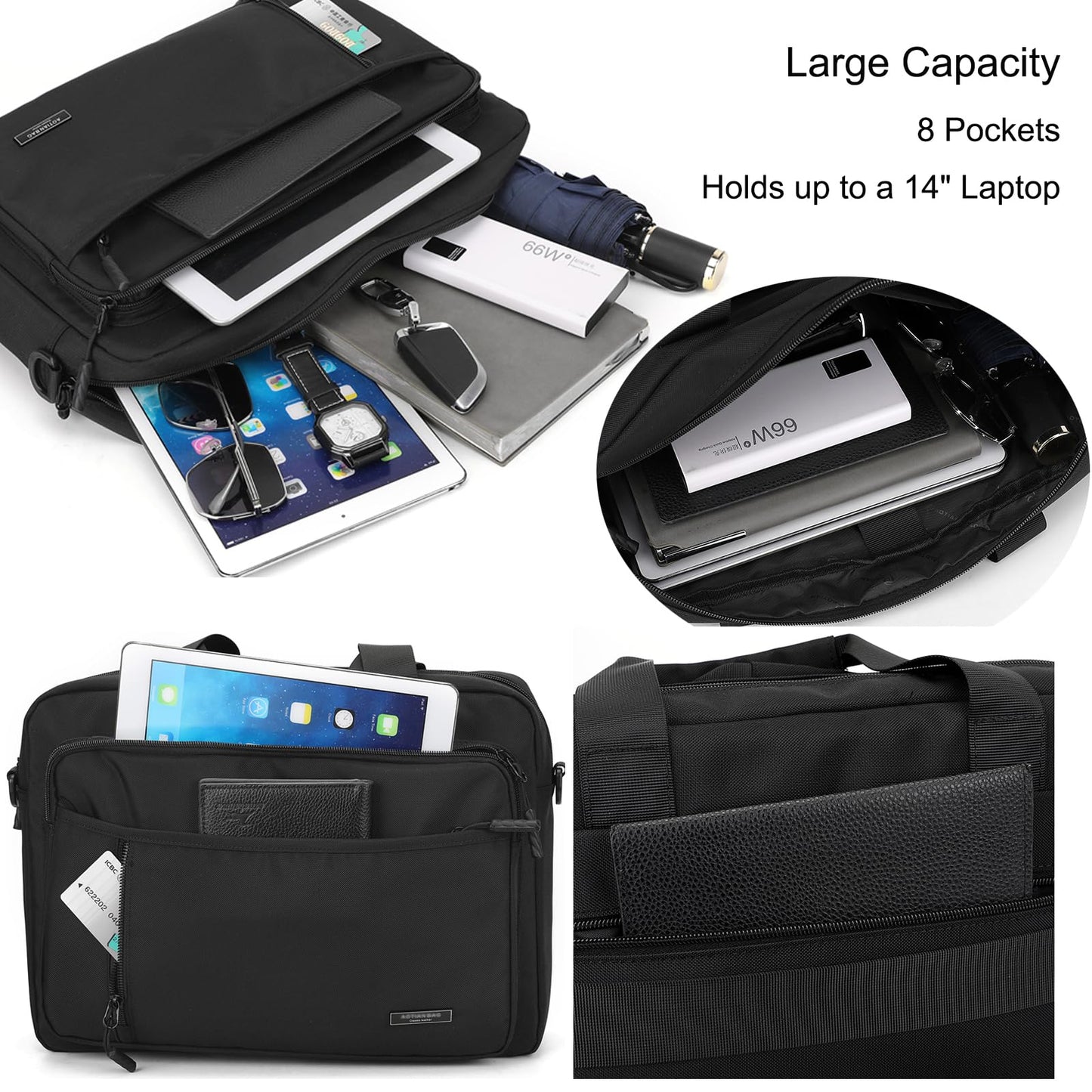 natyrlpog Laptop Bag 14 Inch Briefcase for Men Women Waterproof Nylon Lightweight, Shoulder Messenger Handbag for Business Office Work Travel College Black