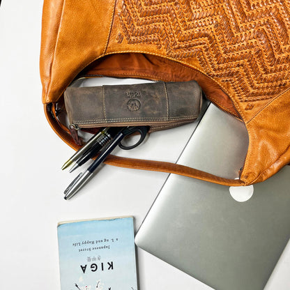 Leather Pencil Case - Full Grain Leather Zippered Pen Pouch - Stationery Bag Pen Holder for Work & Office, Walnut, M, Professional Pencil Case